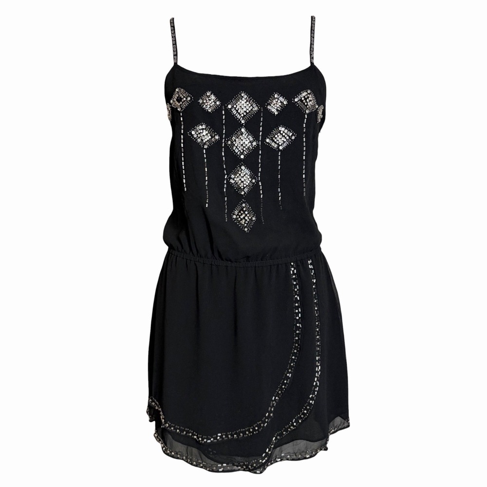 Forever 21 Black Silver Beaded Sequin Mini Dress L Blouson Goth Party Dress - Picture 3 of 9